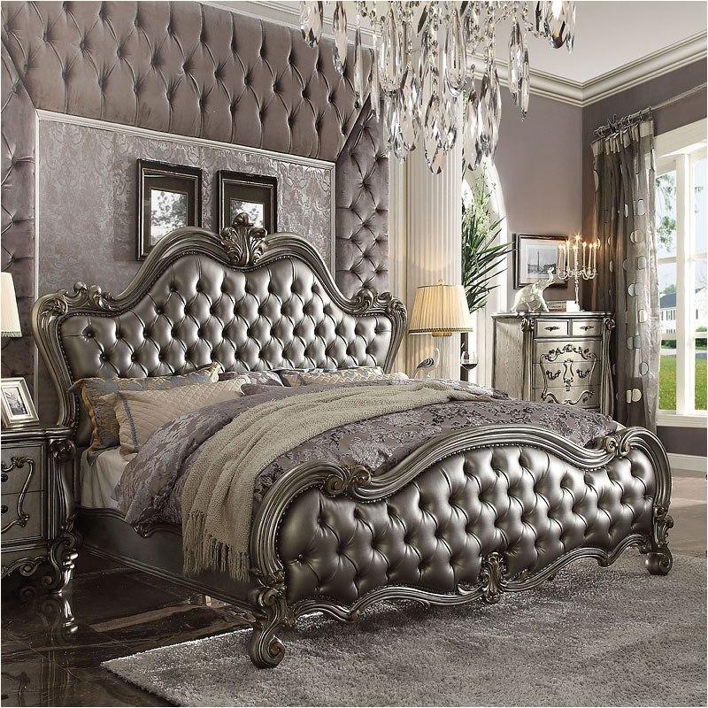 Acme Furniture Versailles II Cal King Bed HB in Silver PU Antique Platinum 26834CK HB