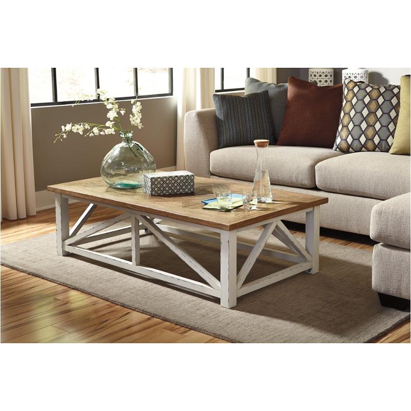 T843 1 Ashley Furniture Rectangular, Light Brown And White Coffee Table