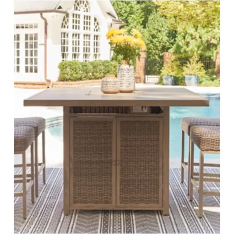 P749-665 Ashley Furniture Outdoor Bar Table With Fire Pit